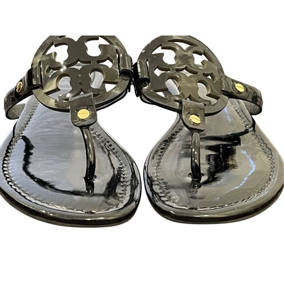 SZ 9 Tory Burch Miller Patent Logo Embellished Sandals Flip Flops in Bla… - Picture 3 of 13